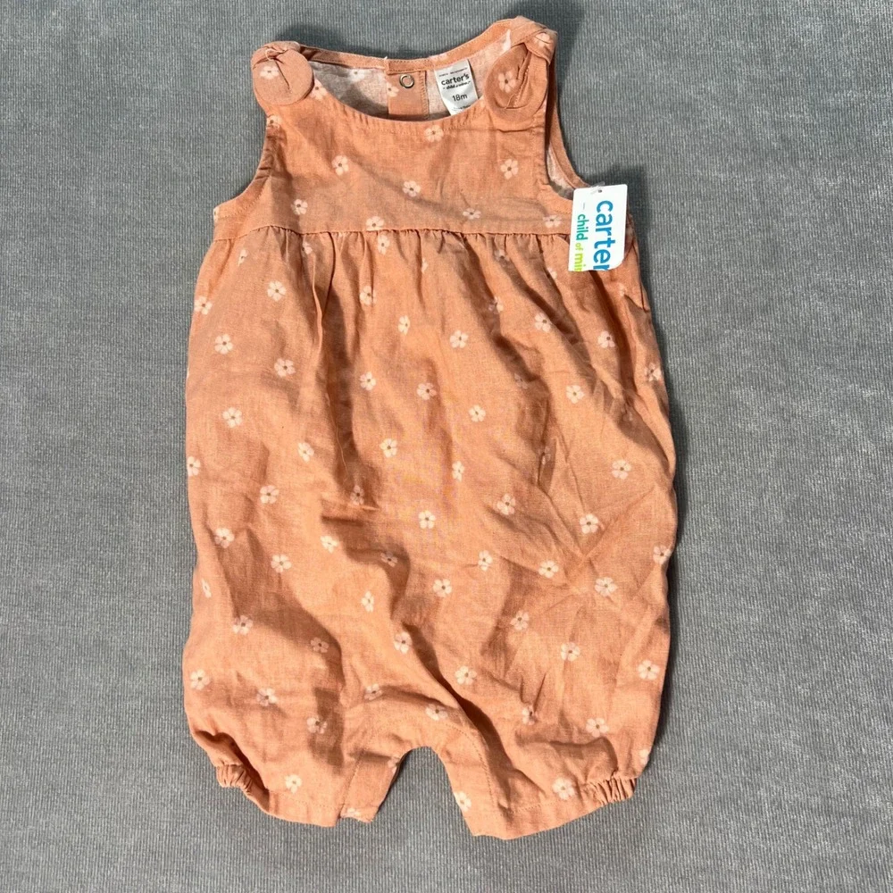 Carters Child of Mine Baby Girl Floral Linen Blend Bubble Romper Orange 18M NEW